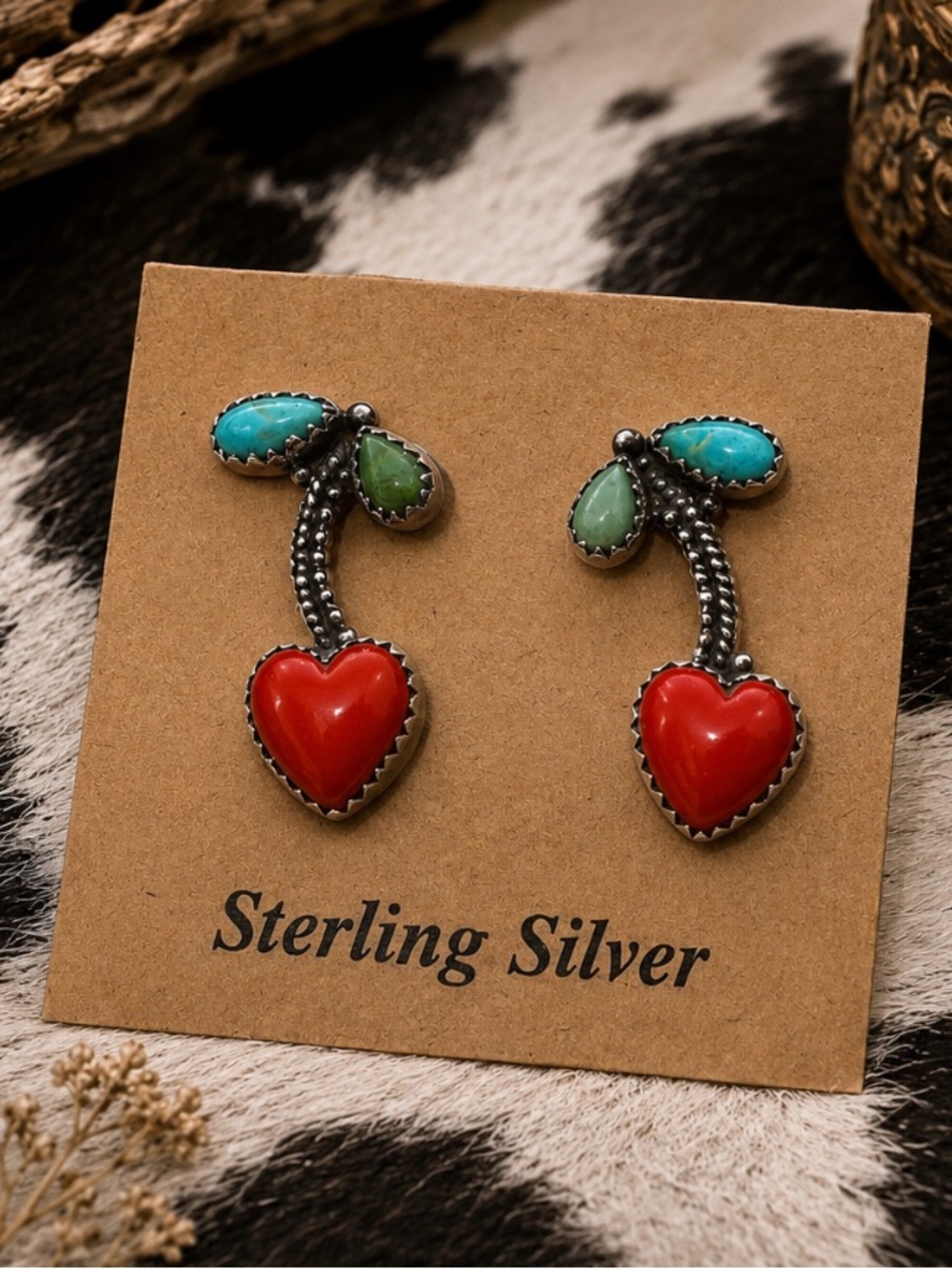 🍒 Sterling Silver Mojave Turquoise Stud Earrings 🌵 In the Shape of 🍒